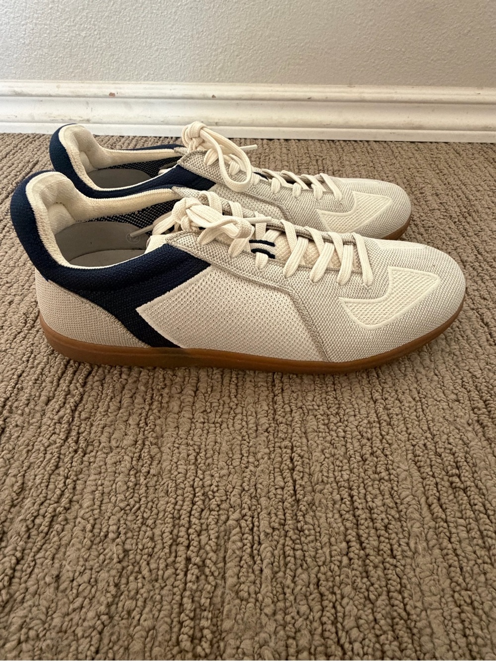 Rothy's Cream Knit Sneakers with Navy Heel
